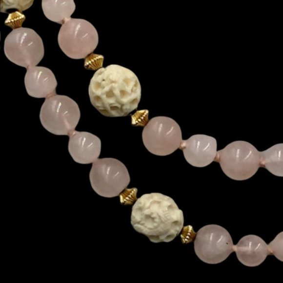 Vintage Rose Quartz Bead Carved Bead 14k Necklace - Picture 2 of 3
